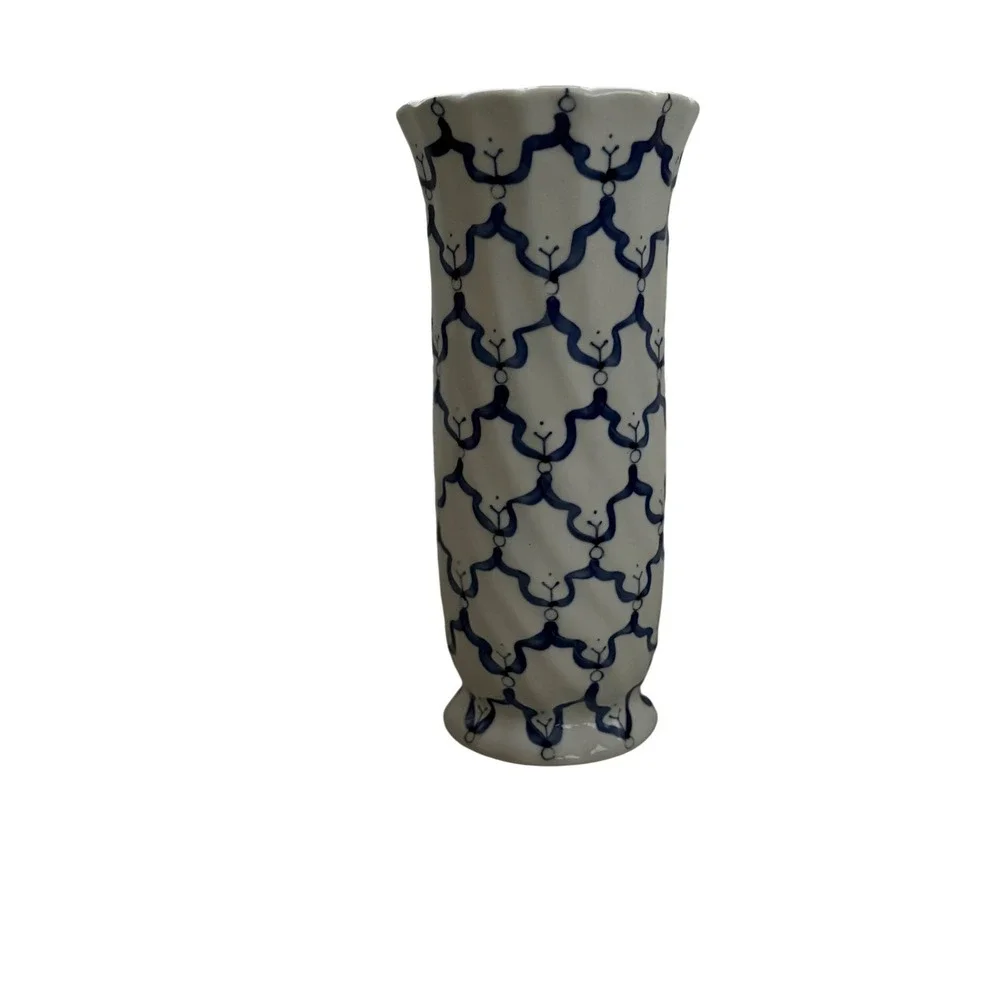 Blue and White Ceramic‎ Trellis Cylinder Vase Scalloped Rim 11.5 Inch Flowers